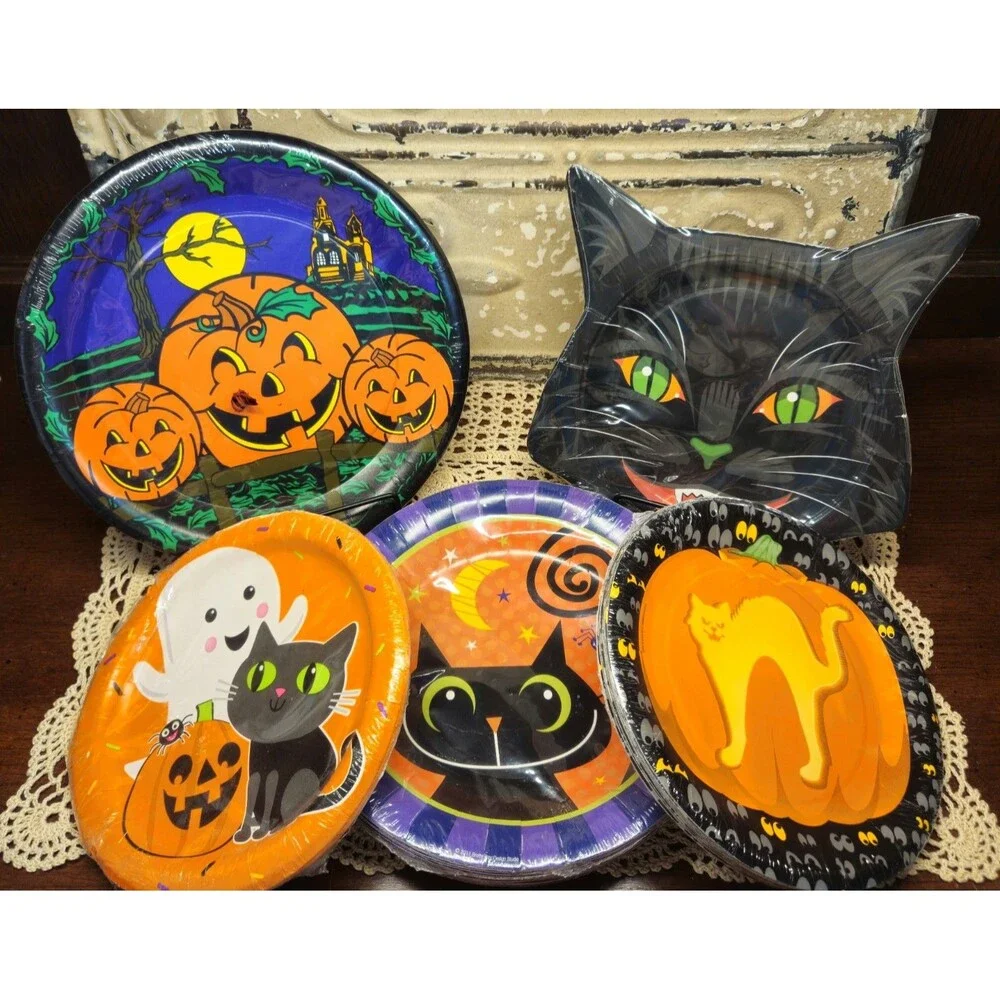 Various Vintage Style & Sizes of Halloween Paper Party Plates (64 Pieces)